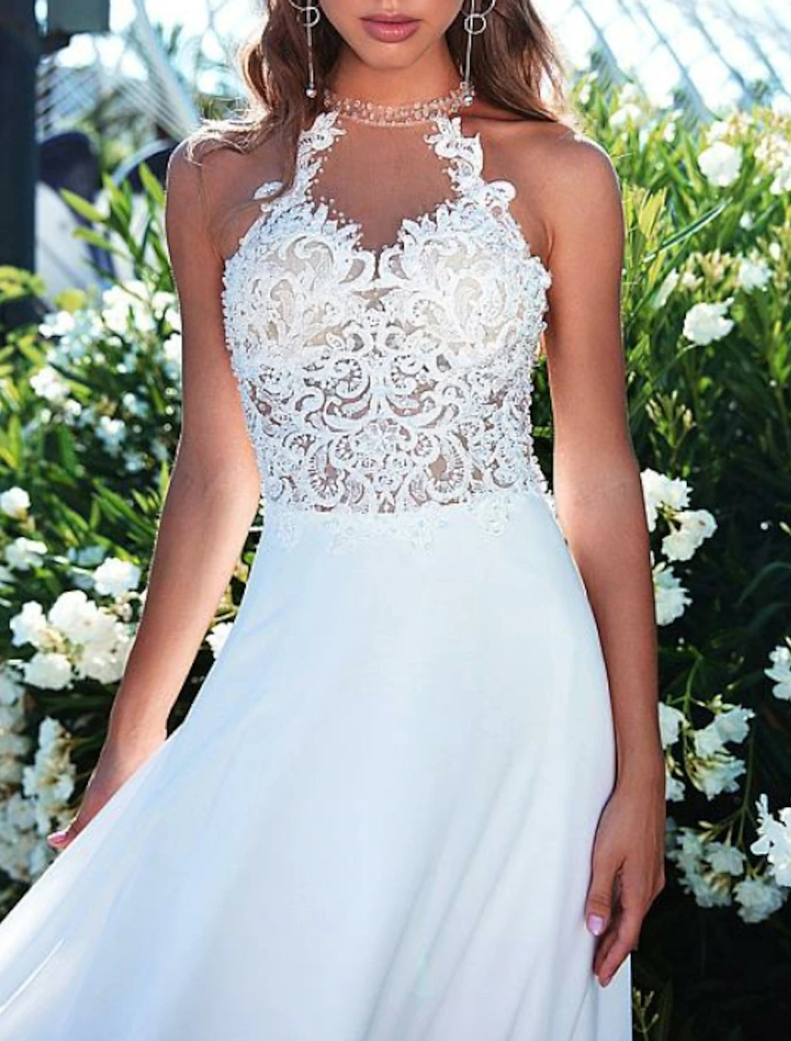 Beach Open Back Boho Wedding Dresses A-Line Halter Neck Strapless Sweep / Brush Train Chiffon Bridal Gowns With Beading Appliques