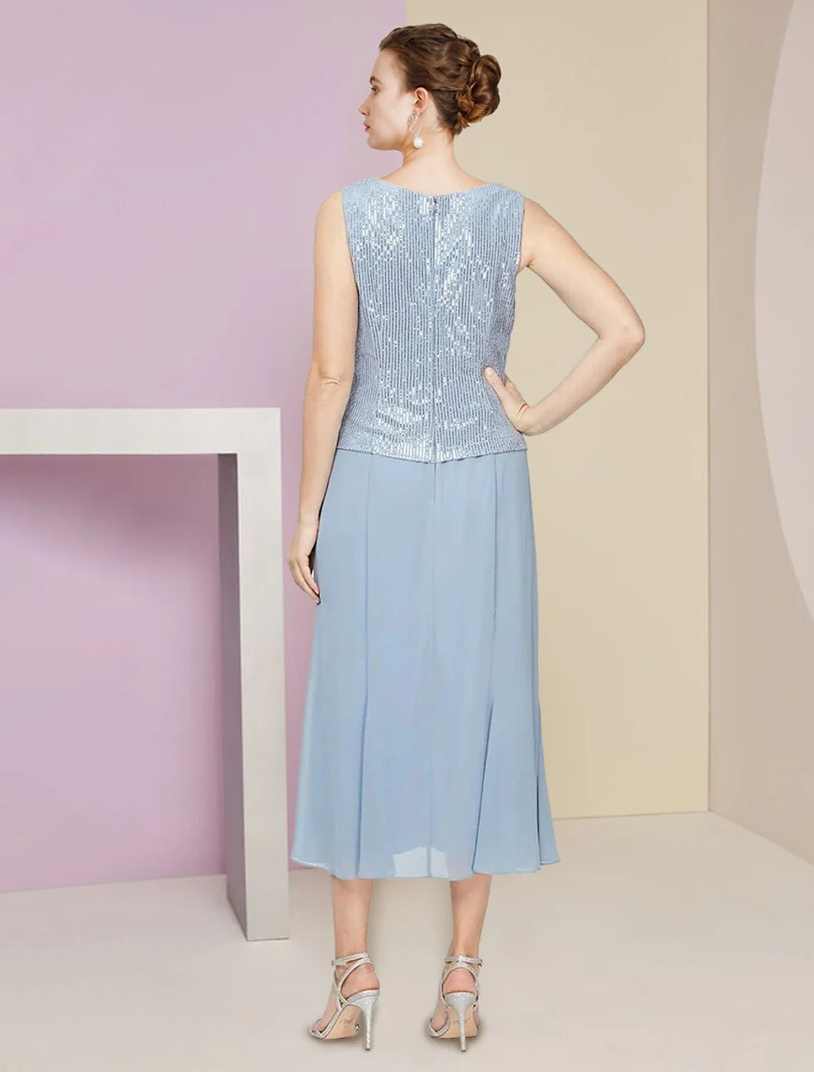 DingjiTwo Piece A-Line Mother of the Bride Dress Wedding Guest Winter With Jacket 3/4 Sleeve Scoop Neck Tea Length Chiffon Sequined Pleats Sequin Solid Color Sparkle & Shine Petite