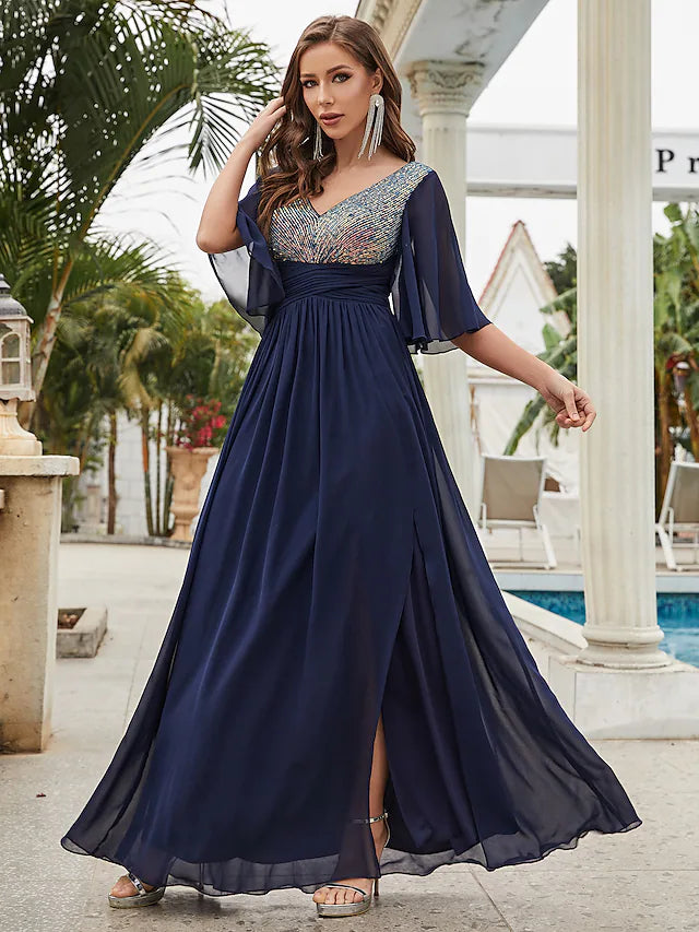 DingjiA-Line Wedding Guest Dresses Sparkle & Shine Dress Party Wear Floor Length Half Sleeve V Neck Chiffon with Crystals Ruffles