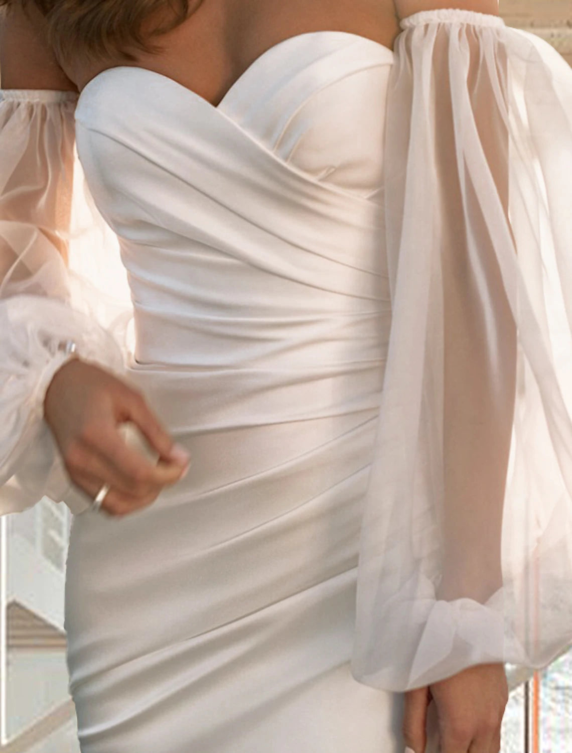 Reception Casual Wedding Dresses Mermaid / Trumpet Sweetheart Long Sleeve Sweep / Brush Train Satin Bridal Gowns With Ruched