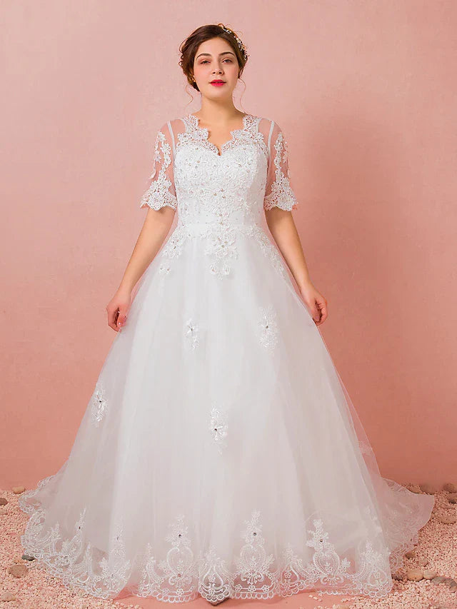DingjiHall Wedding Dresses Cathedral Train A-Line Half Sleeve V Neck Satin With Lace Crystals