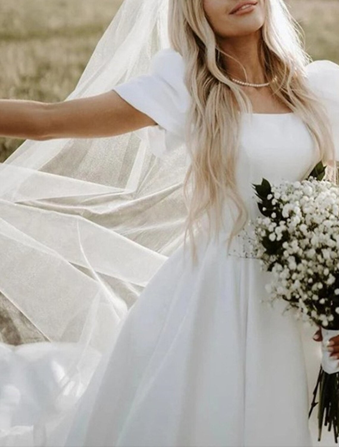 Formal Fall Wedding Dresses Ball Gown Square Neck Short Sleeve Chapel Train Satin Bridal Gowns With Solid Color Summer Wedding Party, Women‘s Clothing