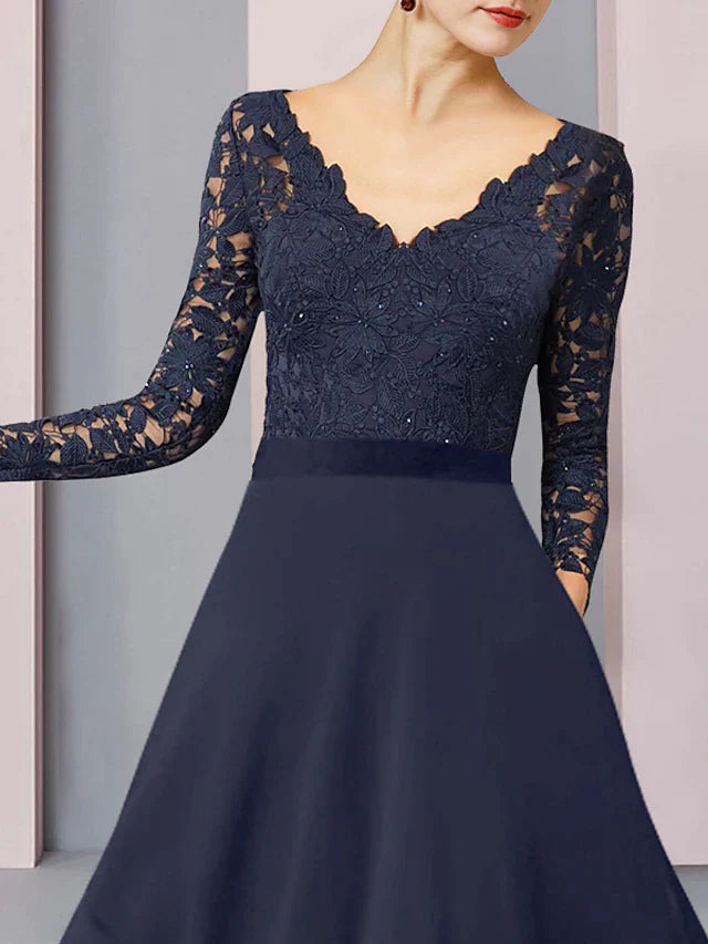 DingjiSheath / Column Mother of the Bride Dress Wedding Guest Vintage Elegant V Neck Asymmetrical Chiffon Lace Long Sleeve with Pleats
