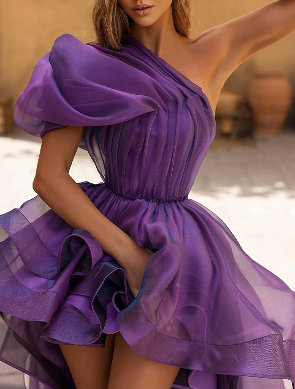 A-Line Evening Gown Wedding Prom Dress Christmas Red Green Dress High Low Formal Dress Purple Sleeveless One Shoulder Organza with Ruffles Pure Color