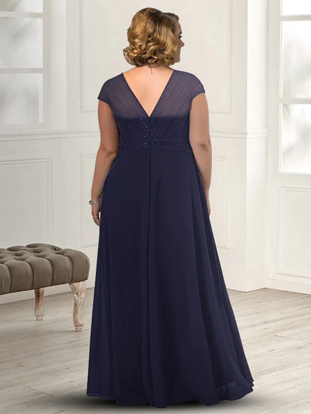 DingjiSheath / Column Mother of the Bride Dress Plus Size Elegant V Neck Floor Length Chiffon Sleeveless with Beading Crystal Brooch