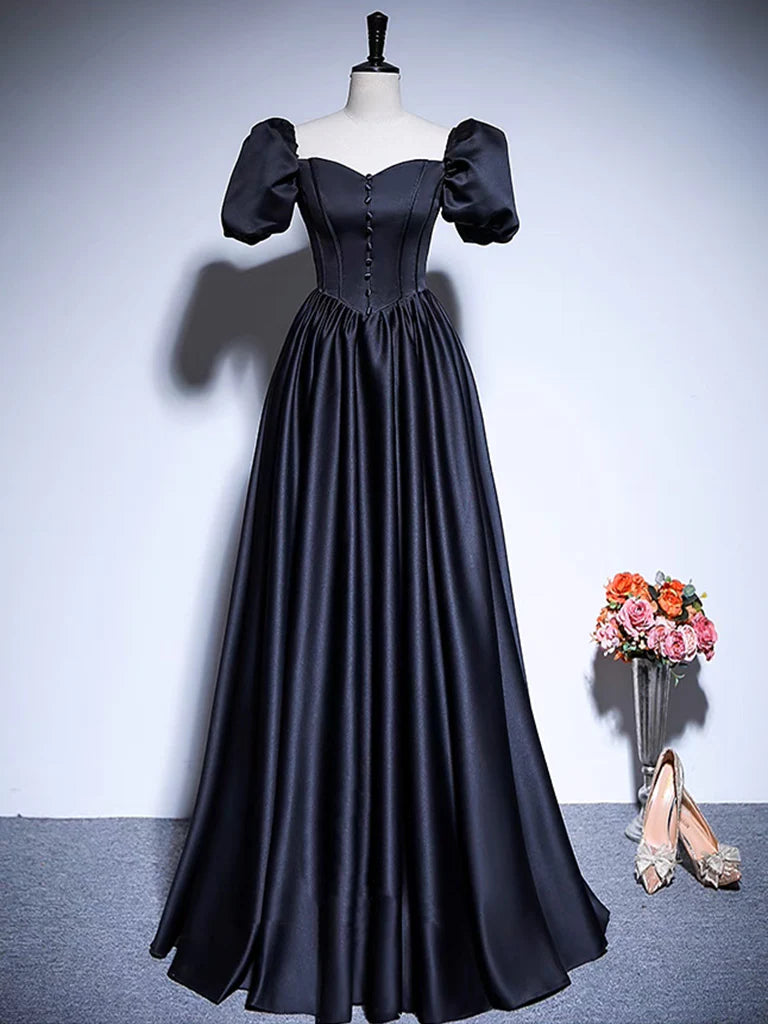 A-Line Satin Puff Sleeves Black Long Prom Dress