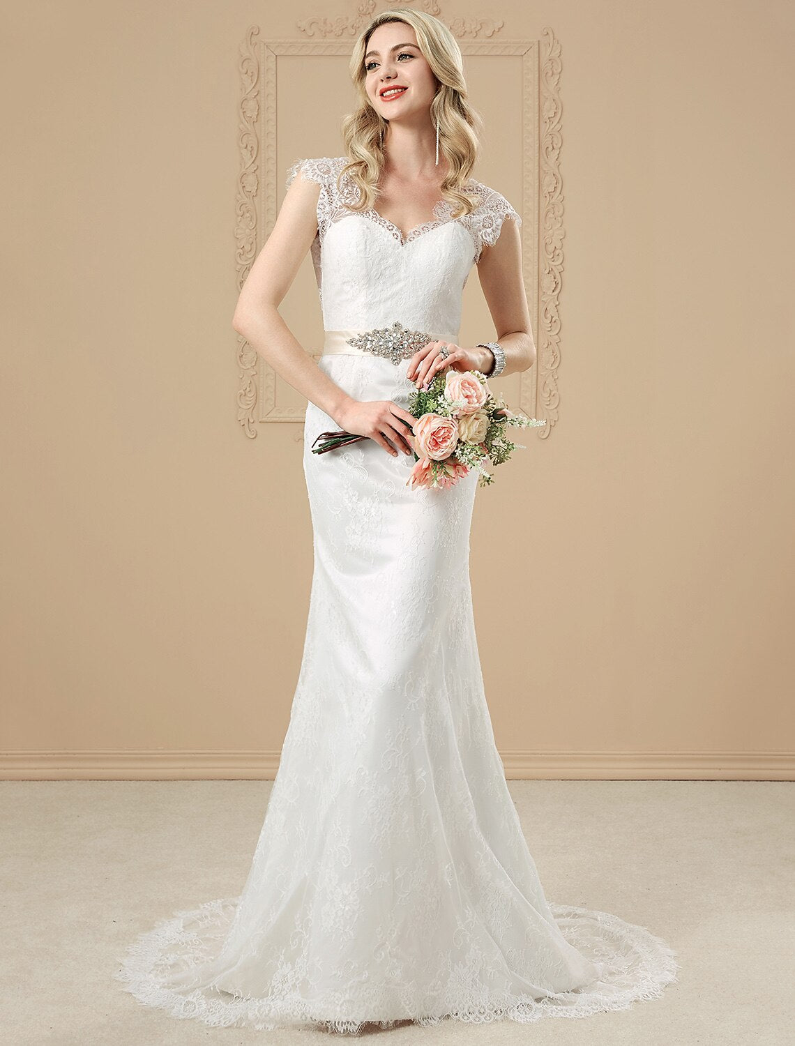 Wedding Dresses Mermaid / Trumpet V Neck Cap Sleeve Court Train All Over Lace Bridal Gowns With Crystals Beading