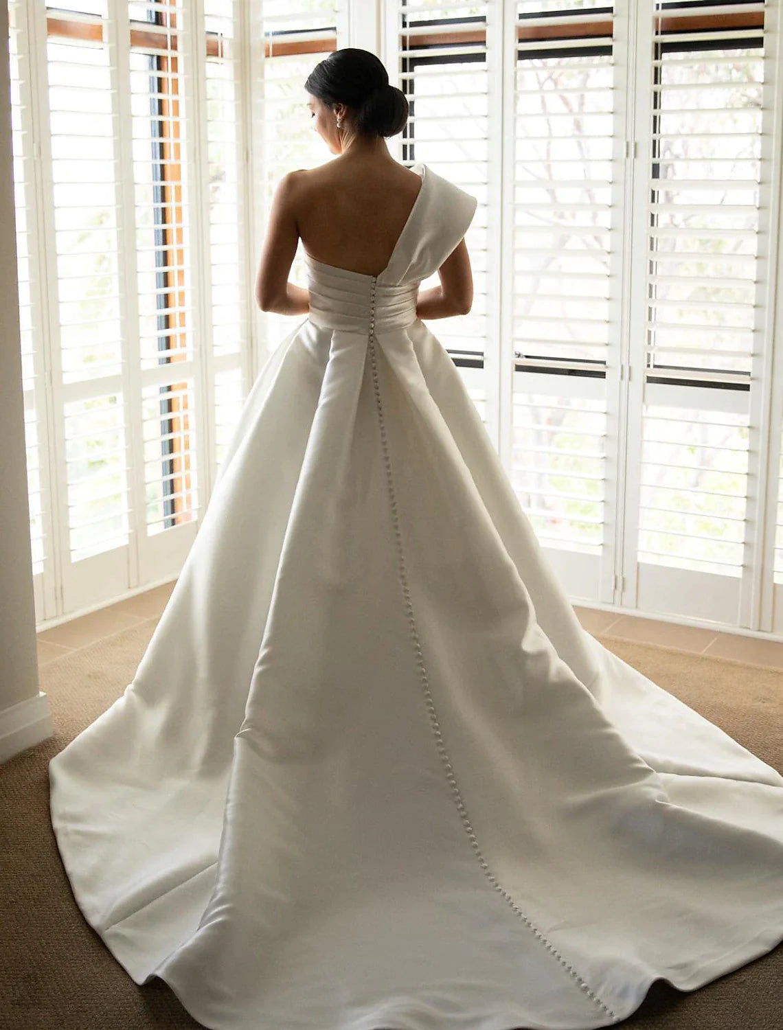 DingjiHall Formal Wedding Dresses A-Line One Shoulder Sleeveless Sweep / Brush Train Satin Bridal Gowns With Ruched