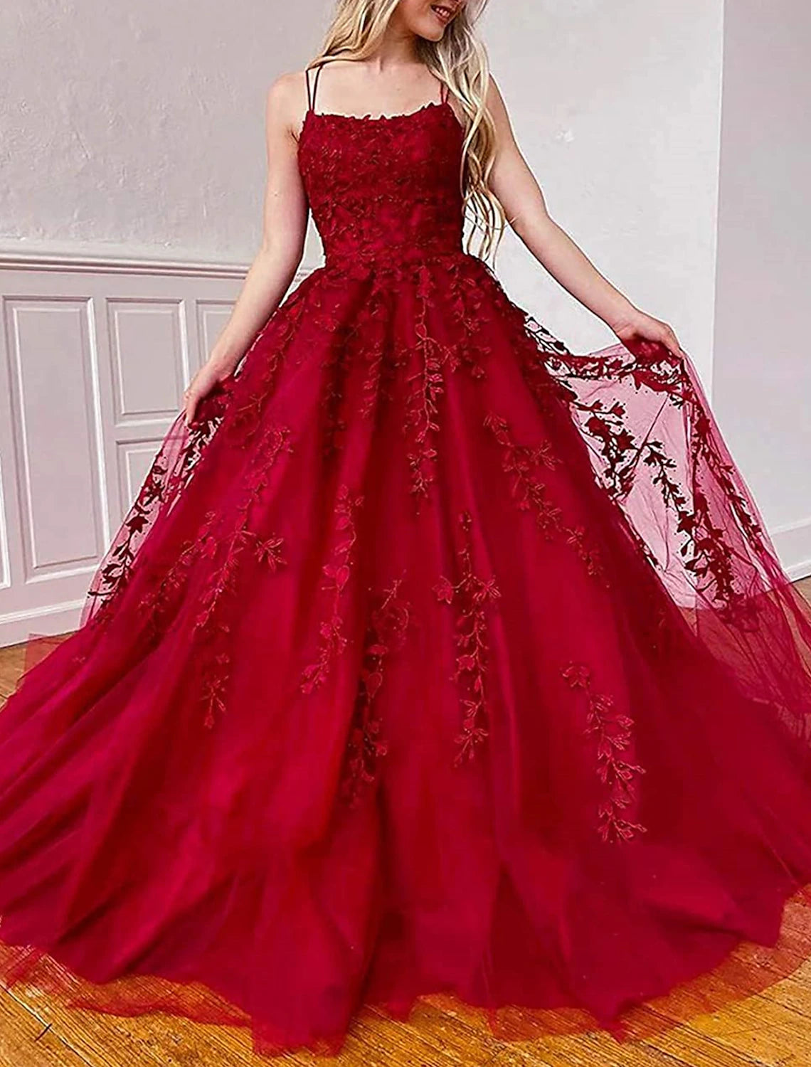 A-Line Prom Dresses Floral Dress Formal Chapel Train Sleeveless Spaghetti Strap Tulle with Appliques