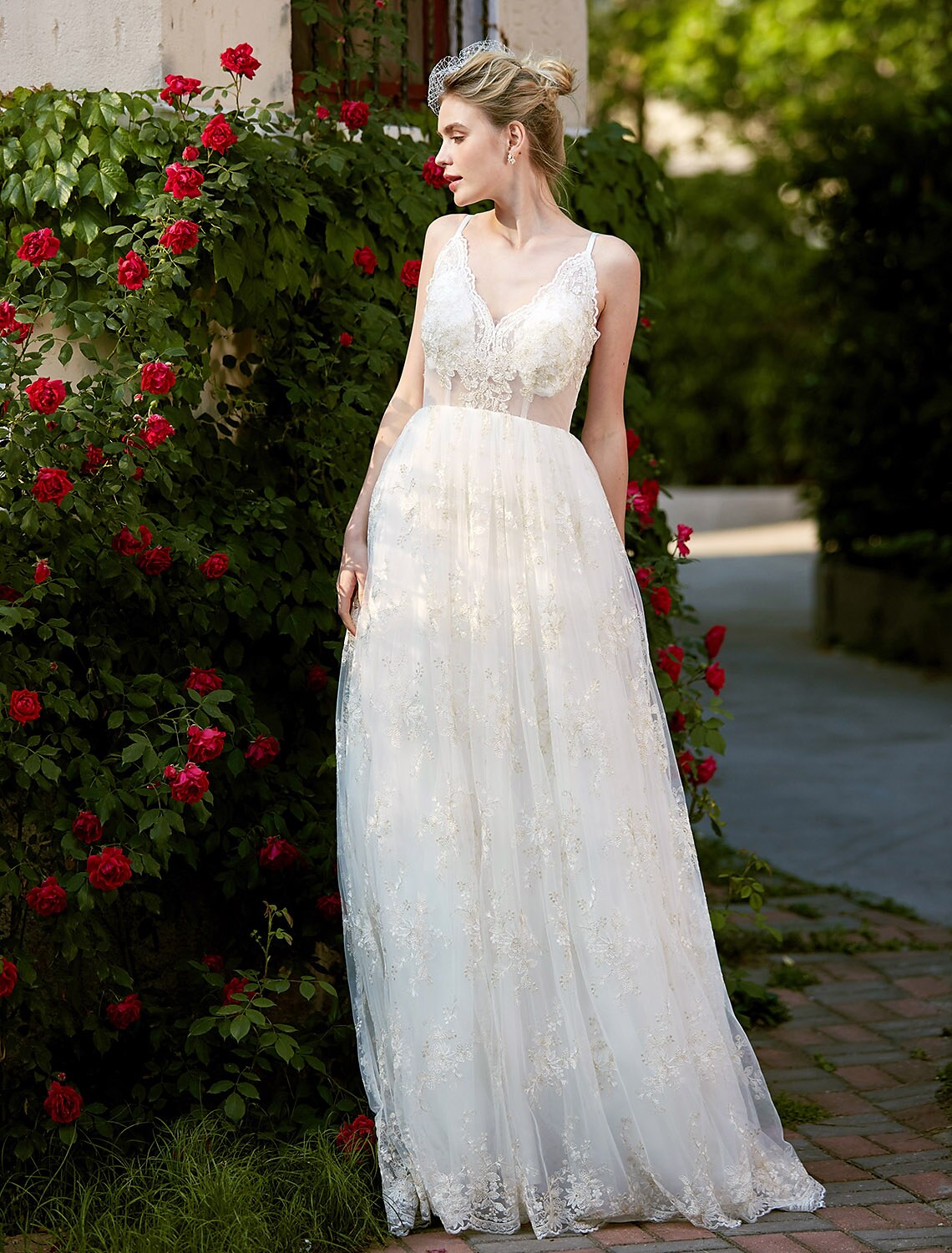 Wedding Dresses A-Line V Neck Sleeveless Floor Length Lace Bridal Gowns With Appliques