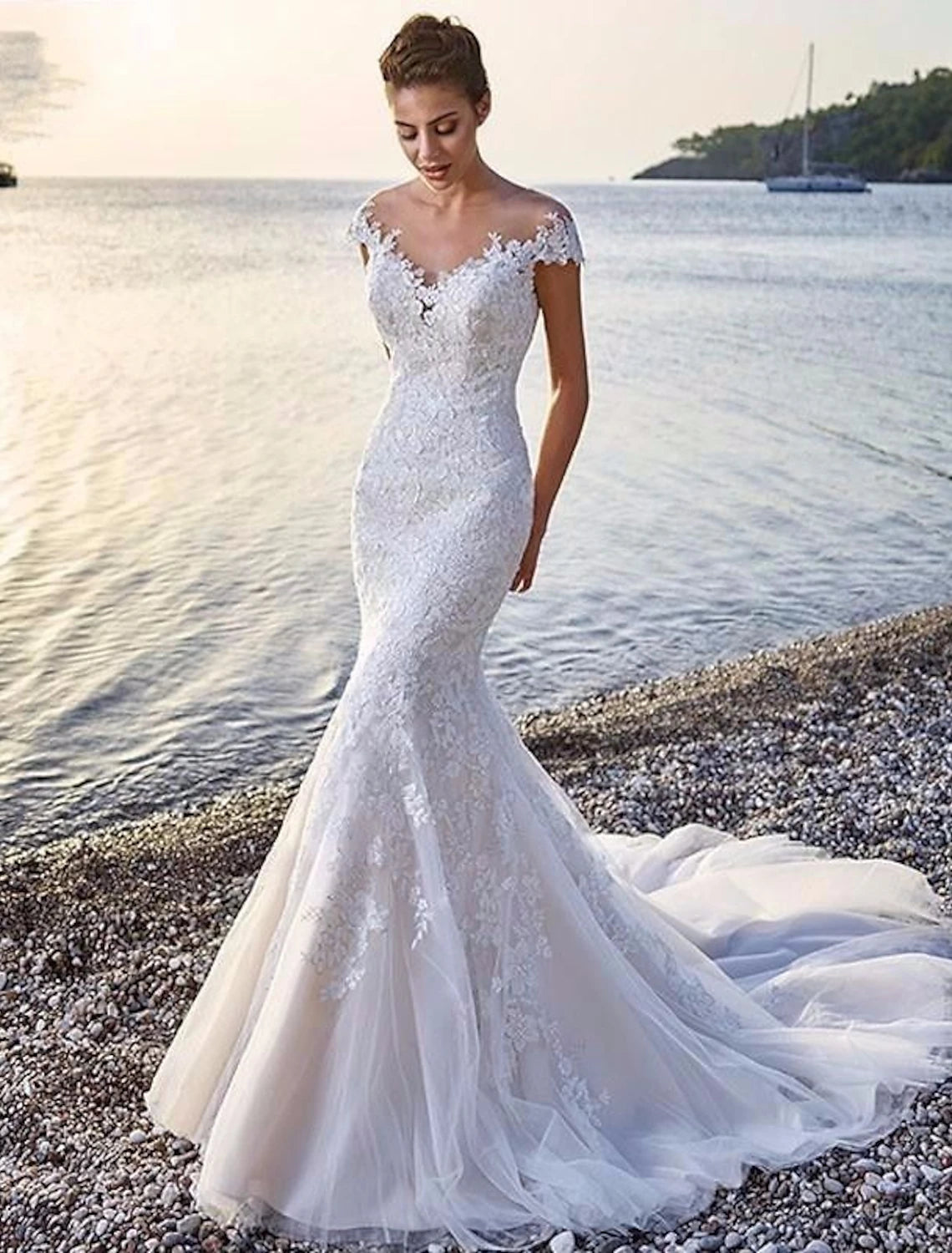 Beach Formal Wedding Dresses Mermaid / Trumpet Scoop Neck Off Shoulder Cap Sleeve Court Train Lace Bridal Gowns With Appliques Summer Wedding Party