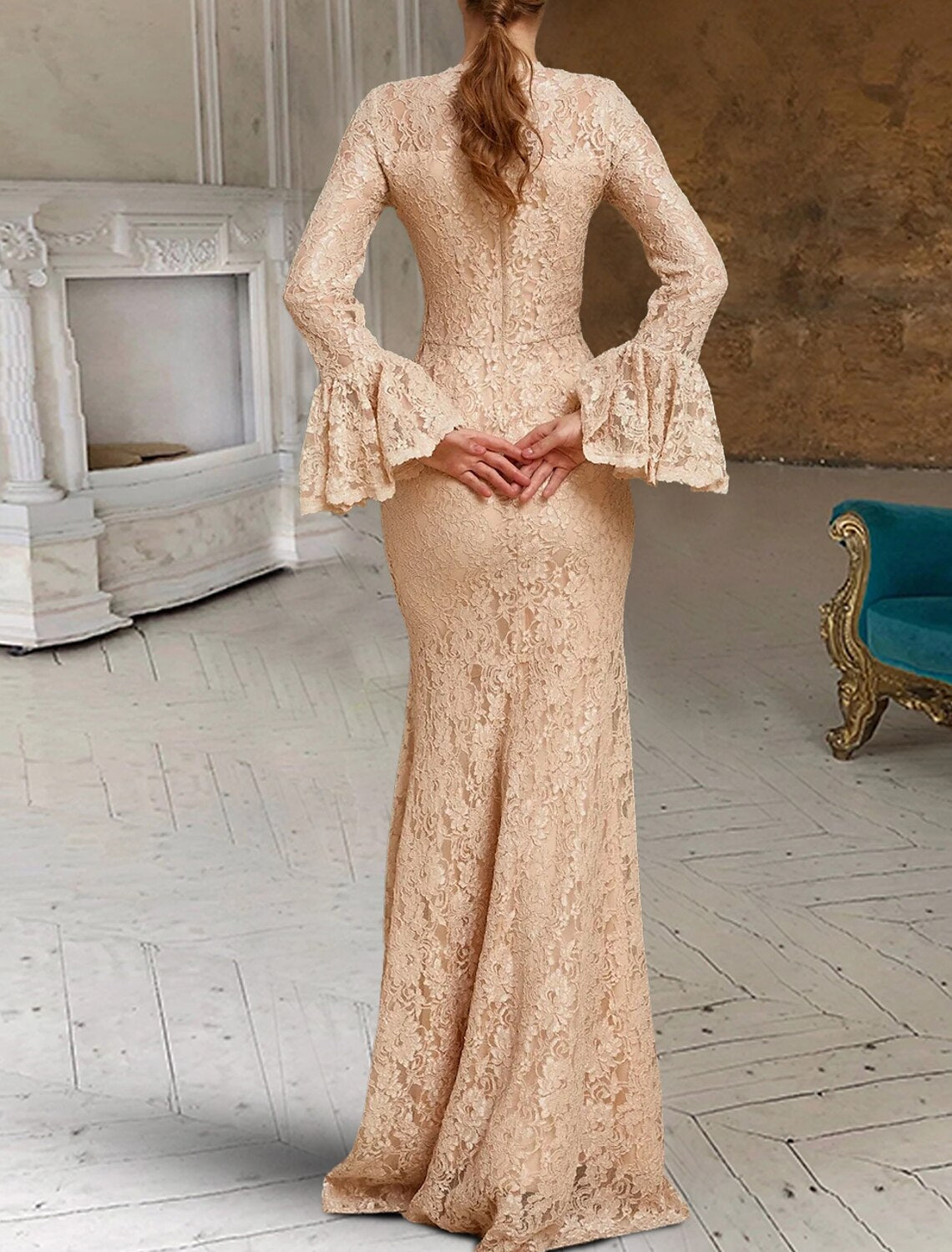 Black Wedding Dresses Party Formal Mermaid / Trumpet Scoop Neck Long Sleeve Sweep / Brush Train Lace Gothi Fall Halloween Bachelorette Bridal Gowns With Solid Color