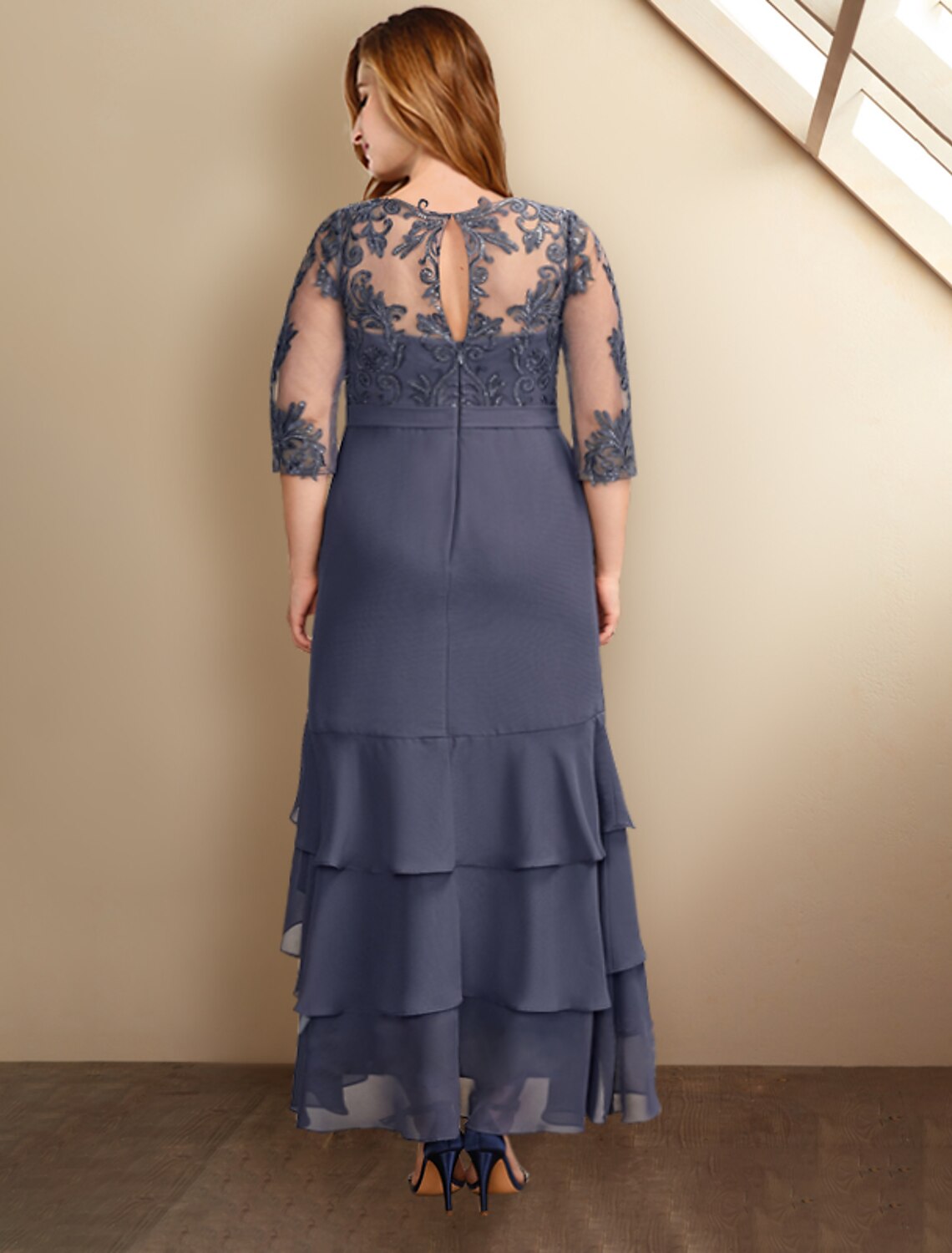 A-Line Plus Size Curve Mother of the Bride Dresses Elegant Dress Formal Ankle Length Half Sleeve V Neck Chiffon with Ruffles Appliques