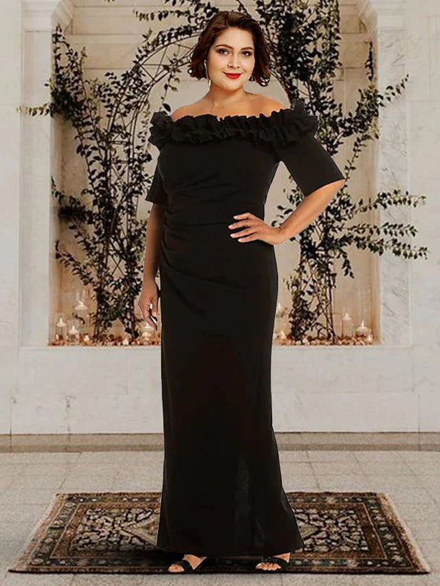 Sheath / Column Mother of the Bride Dress Plus Size Elegant Off Shoulder Floor Length Chiffon Half Sleeve with Ruching