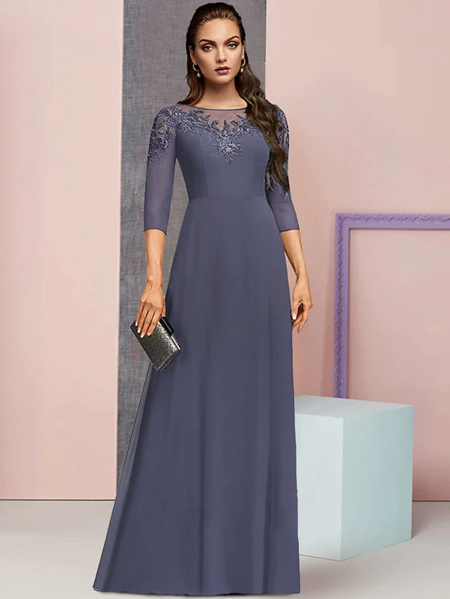A-Line Mother of the Bride Dress Formal Elegant Jewel Neck Floor Length Chiffon Lace 3/4 Length Sleeve with Sequin Appliques