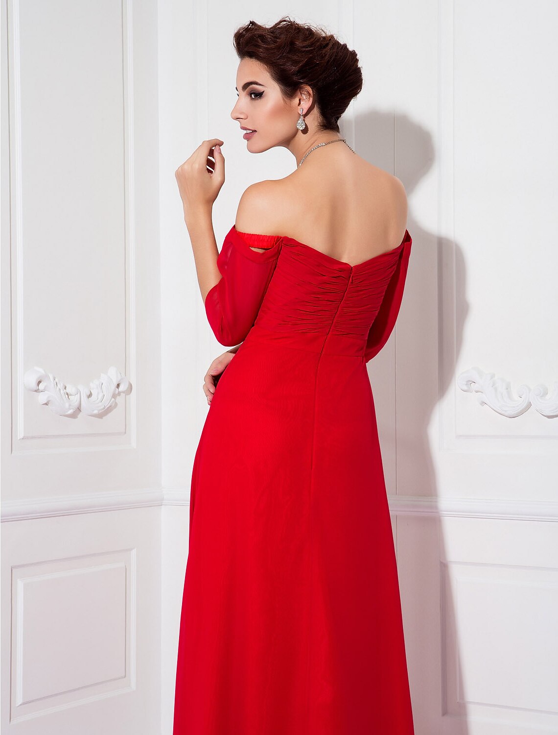 Sheath / Column Minimalist Dress Wedding Guest Sweep / Brush Train Half Sleeve Off Shoulder Chiffon with Ruched Draping