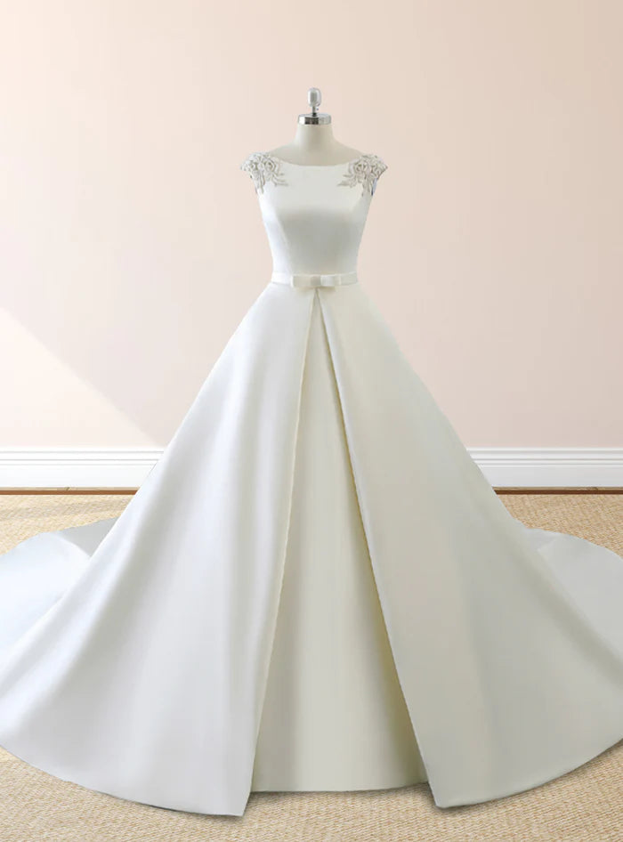 White Satin Cap Sleeve Lace-Up Wedding Dress With Pearls