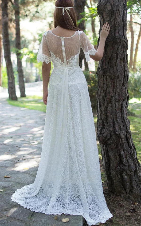 A-Line Short Sleeve Lace Appliques Illusion Back Wedding Dress