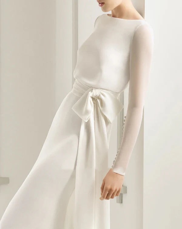 Modest Chiffon Long Sleeve Wedding Dress With Decoratived Buttons and Bow