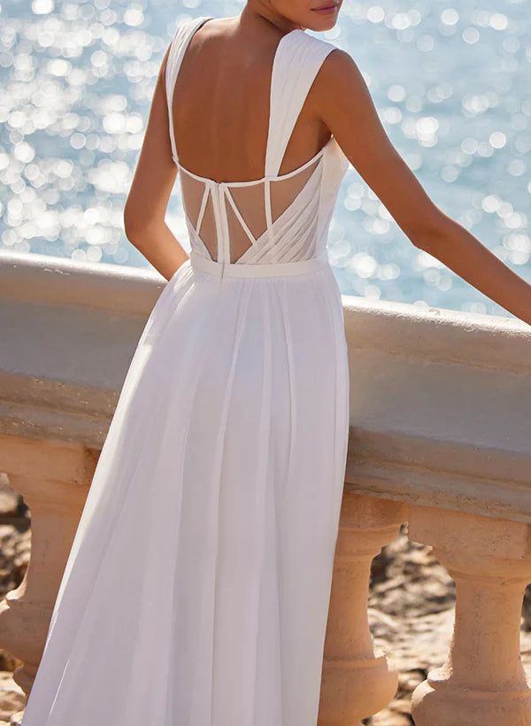 A-Line Square Neckline Sleeveless Chiffon Wedding Dresses With
