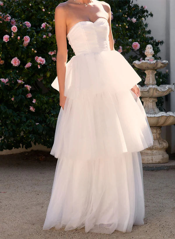 A-Line Sweetheart Sleeveless Floor-Length Tulle Wedding Dresses