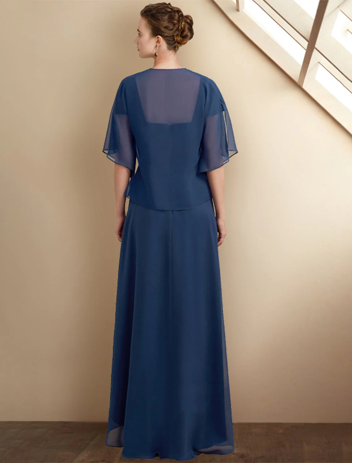 DingjiA-Line Mother of the Bride Dress Wedding Guest Elegant High Low Square Neck Asymmetrical Tea Length Chiffon Lace Cap Sleeve Fall Wrap Included with Sequin Appliques Side-Draped