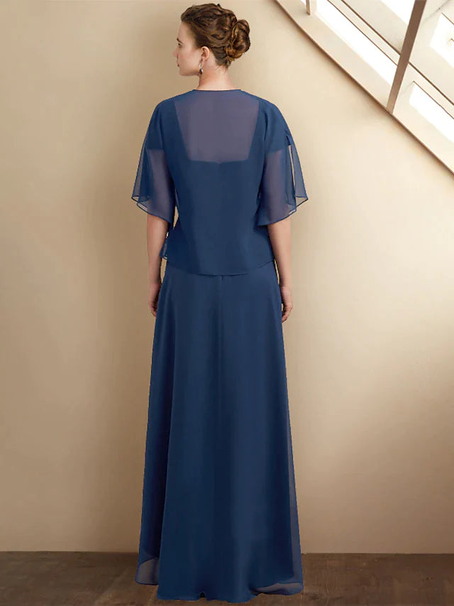 A-Line Mother of the Bride Dress Elegant High Low Square Neck Asymmetrical Tea Length Chiffon Lace Cap Sleeve Wrap Included with Sequin Appliques Side-Draped