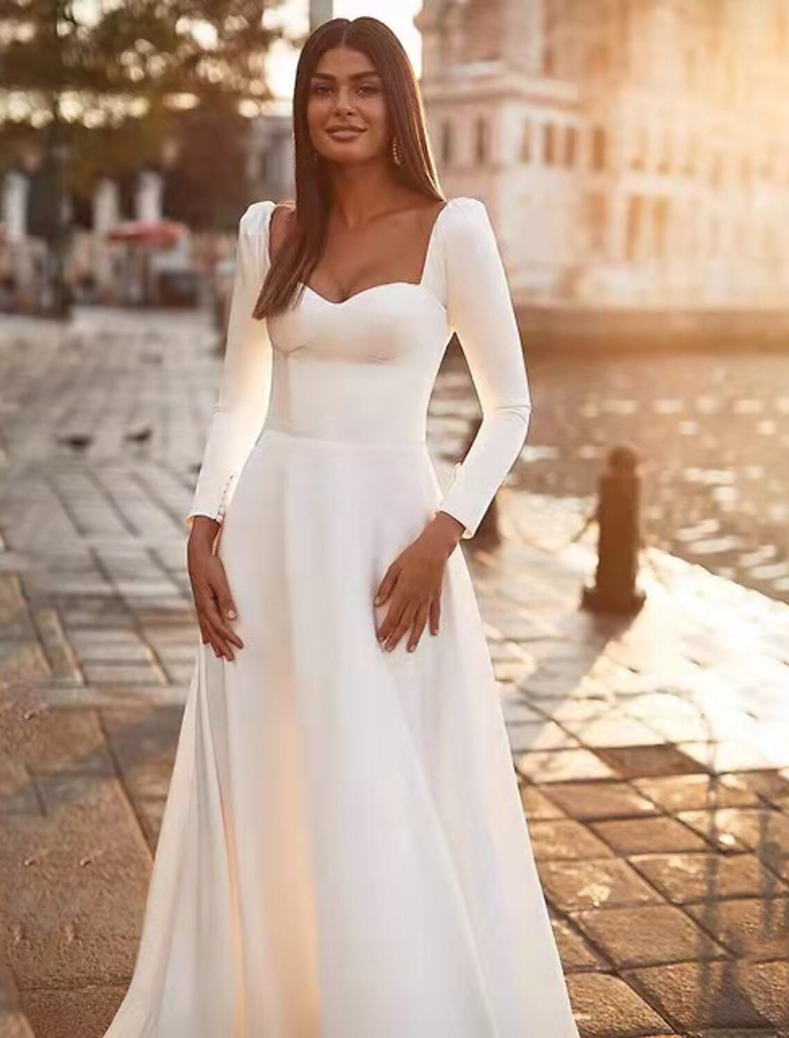 Reception Royal Style Casual Wedding Dresses A-Line Sweetheart Long Sleeve Sweep / Brush Train Satin Bridal Gowns With Solid Color 2023 Summer Wedding Party