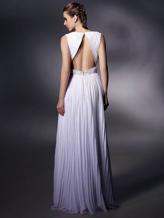 DingjiSheath / Column Celebrity Style Dress Prom Floor Length Sleeveless Plunging Neck Chiffon with Beading Draping
