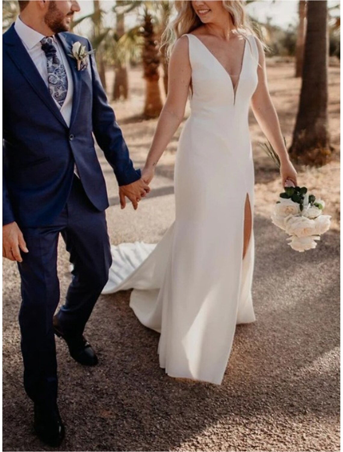 Engagement Casual Wedding Dresses Sheath / Column V Neck Sleeveless Court Train Stretch Fabric Bridal Gowns With Split Front Solid Color