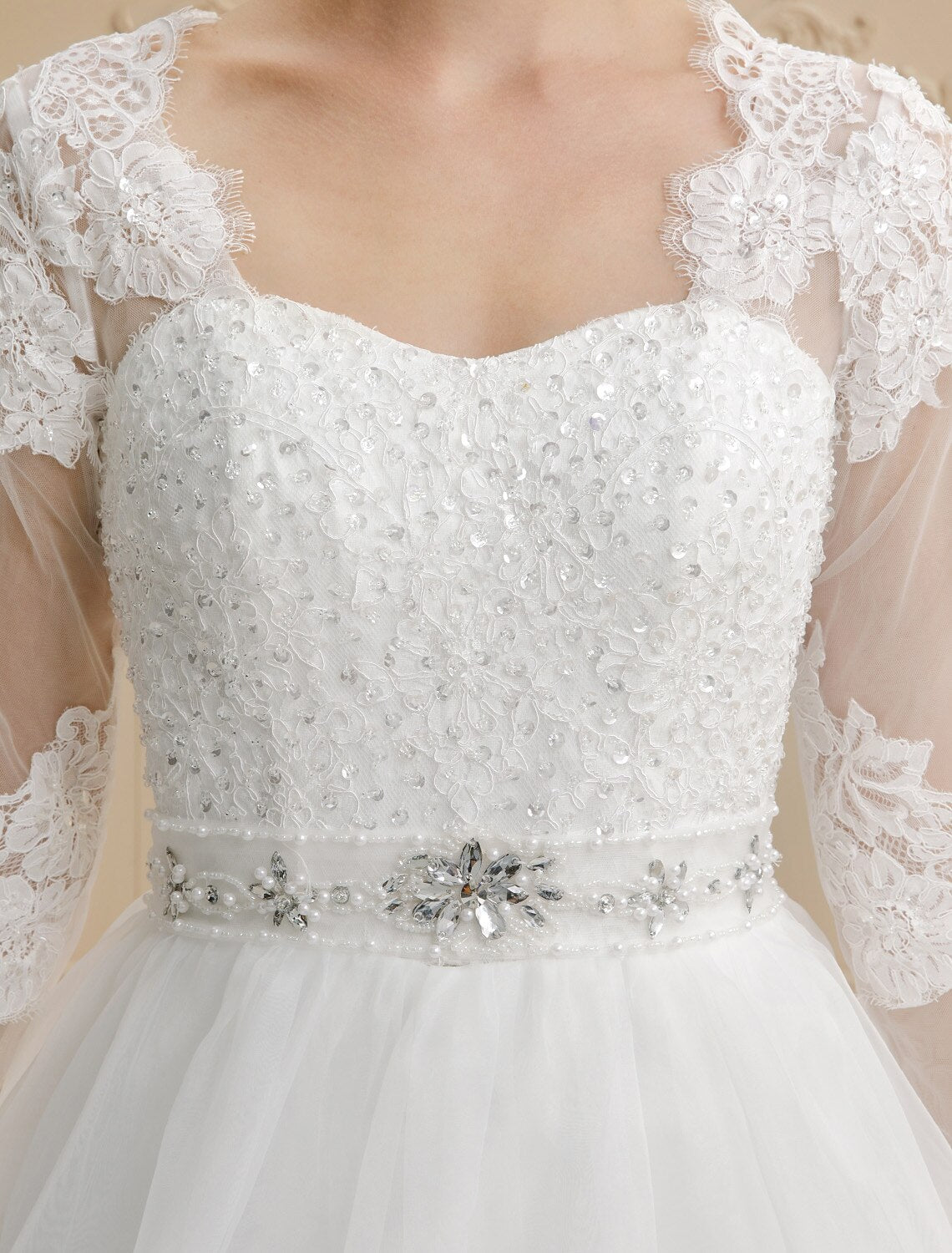 Royal Style Wedding Dresses Ball Gown Queen Anne 3/4 Length Sleeve Chapel Train Lace Bridal Gowns With Sashes / Ribbons Beading