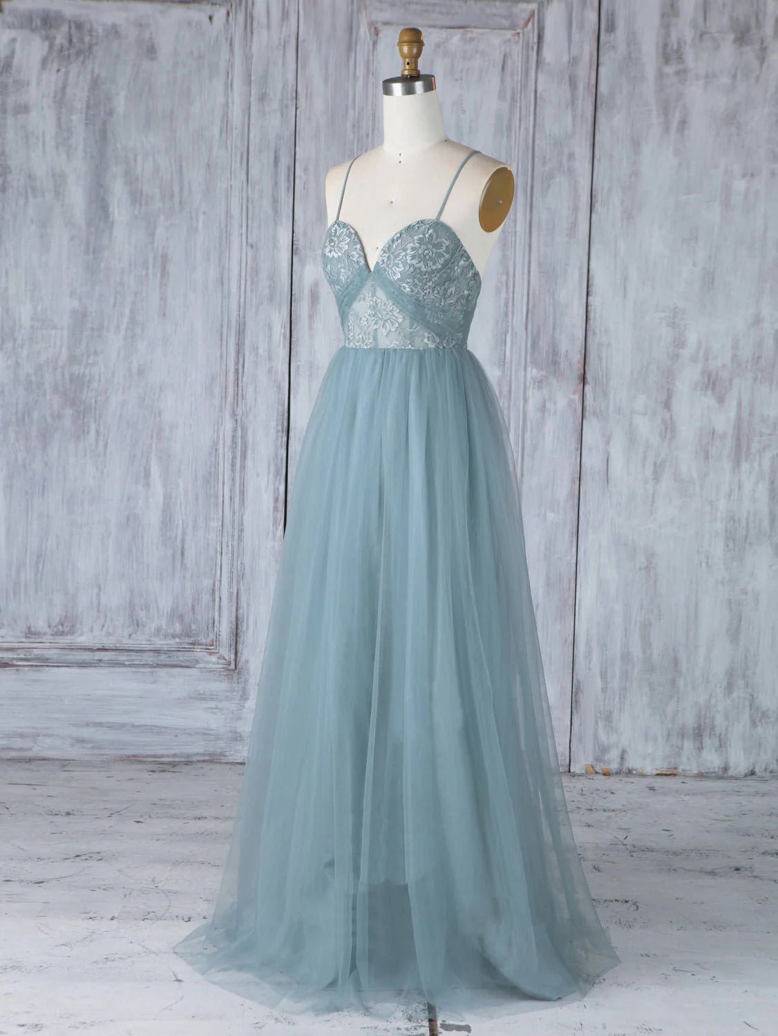 Sweetheart Neck Tulle Lace Long Prom Dresses Gray Blue Bridesmaid Dresses