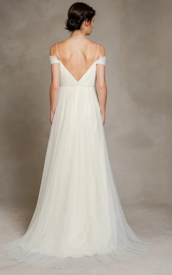 A-Line Spaghetti Straps Off-the-Shoulder Tulle Long Wedding Dress