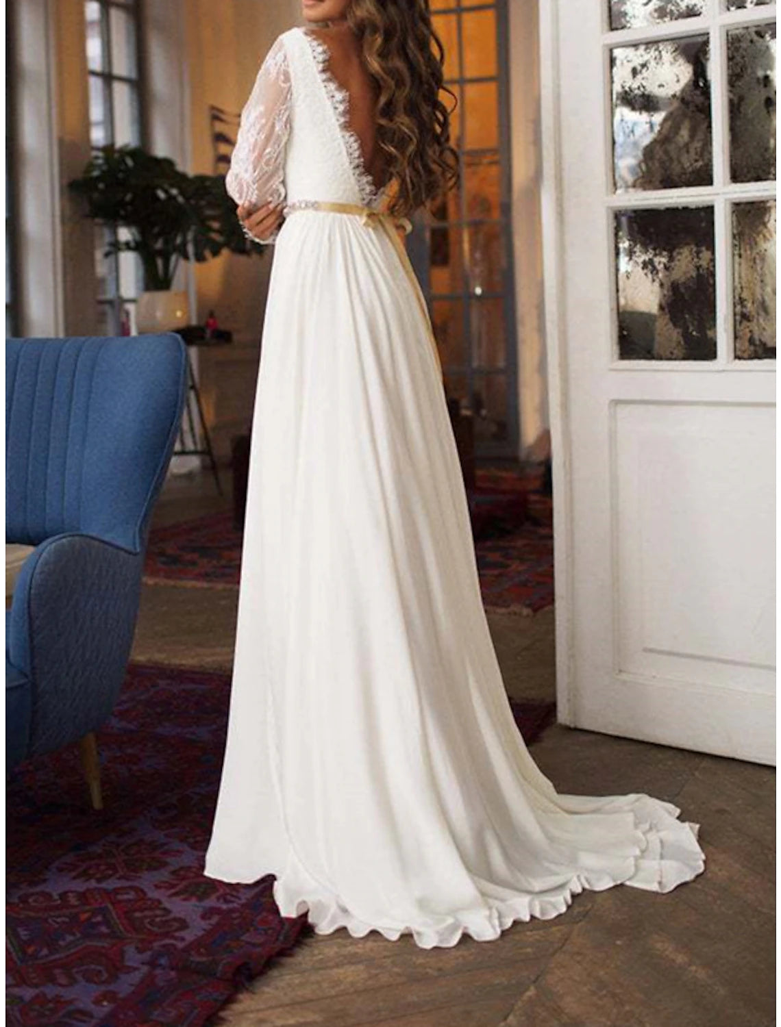 Beach Wedding Dresses A-Line Scoop Neck Long Sleeve Sweep / Brush Train Chiffon Bridal Gowns With Sashes / Ribbons Bow(s)