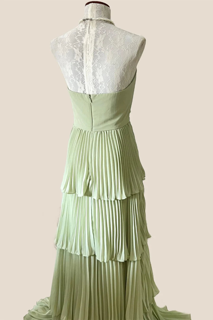 Sage Green Chiffon Pleated Chiffon Tiered Prom Dress
