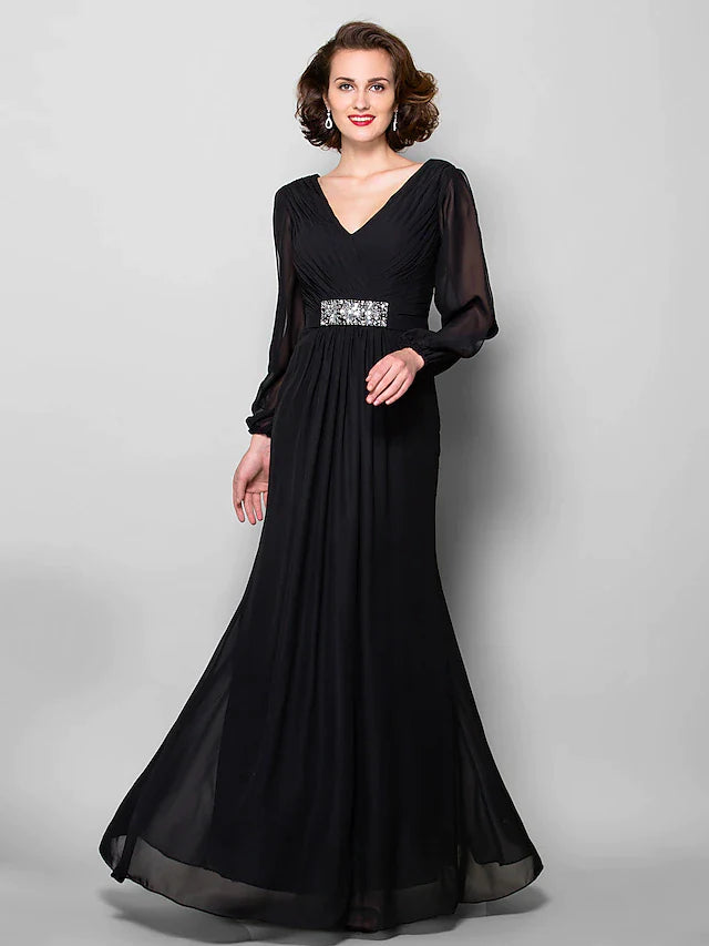 A-Line Mother of the Bride Dress Open Back V Neck Floor Length Chiffon Long Sleeve with Criss Cross