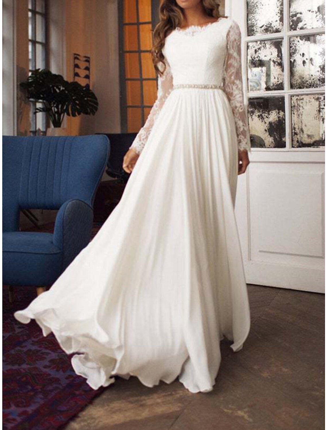 Beach Wedding Dresses A-Line Scoop Neck Long Sleeve Sweep / Brush Train Chiffon Bridal Gowns With Sashes / Ribbons Bow(s)