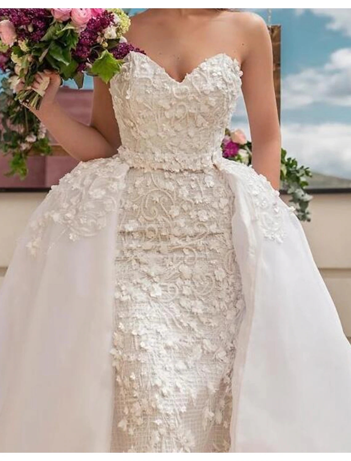 Engagement Formal Fall Wedding Dresses A-Line Sweetheart Strapless Sweep / Brush Train Lace Bridal Gowns With Flower Summer Wedding Party, Women‘s Clothing