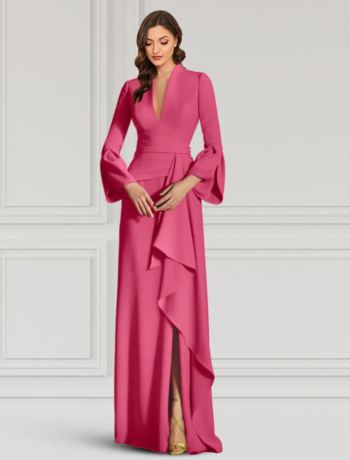 DingjiSheath Evening Gown Elegant Black Dress Formal Cocktail Party Dress Floor Length Long Sleeve V Neck Fall Wedding Guest Stretch Fabric with Ruffles