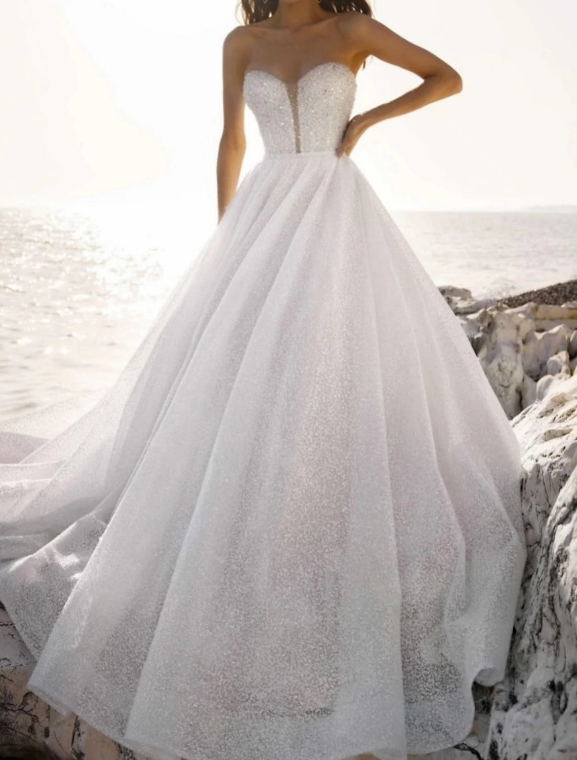 Beach Sparkle & Shine Glitter & Sparkle Wedding Dresses A-Line Sweetheart Strapless Court Train Sequined Bridal Gowns With Pleats Beading