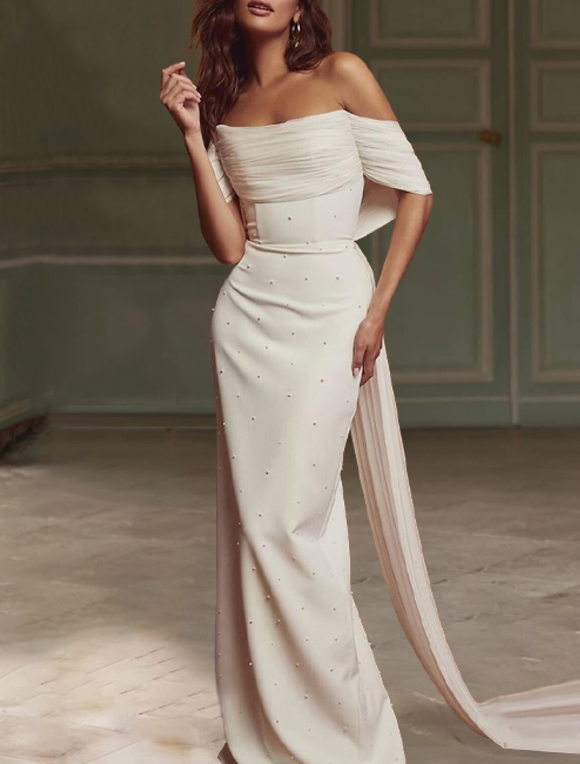Beach Casual Wedding Dresses Sheath / Column Off Shoulder Cap Sleeve Sweep / Brush Train Satin Bridal Gowns With Pearls Draping