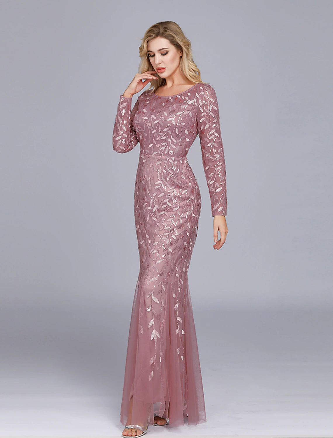 Mermaid / Trumpet Empire Elegant Party Wear Formal Evening Valentine's Day Dress Jewel Neck Long Sleeve Floor Length Tulle with Embroidery/ Illusion Sleeve