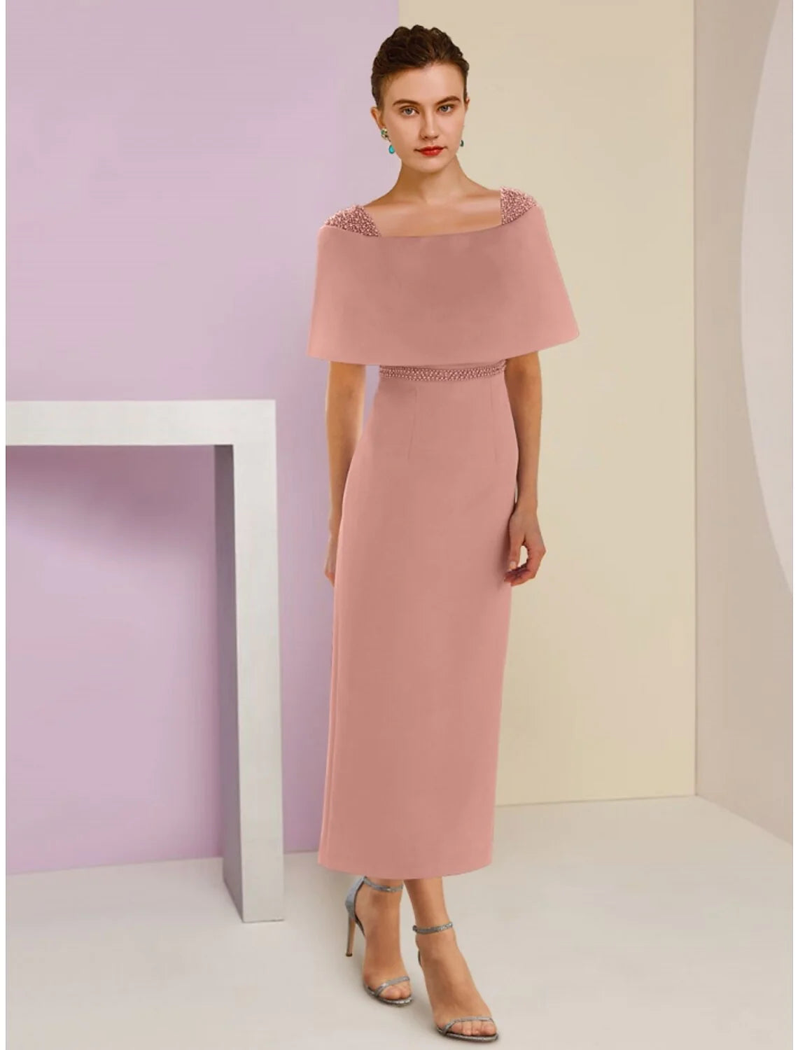 A-Line Mother of the Bride Dress Wedding Guest Elegant Off Shoulder Ankle Length Short Sleeve with Beading Solid Color