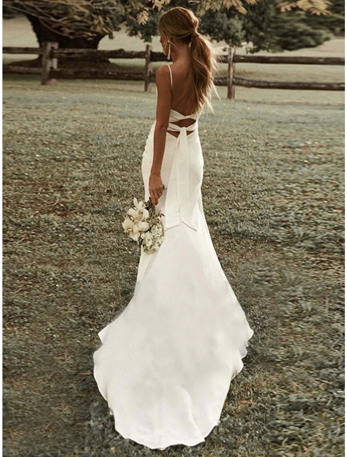 Beach Sexy Casual Wedding Dresses Sheath / Column Square Camisole Spaghetti Strap Sweep / Brush Train Stretch Fabric Bridal Gowns With Ruched Split Front Summer Fall Party