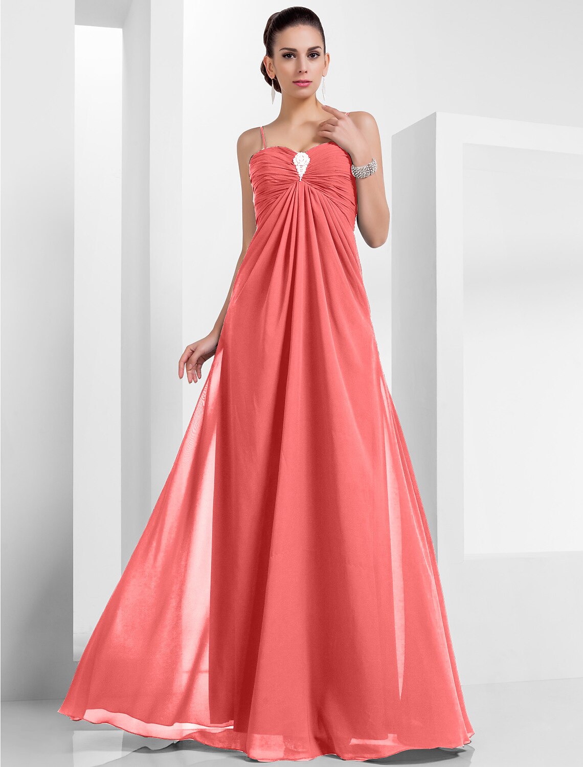 A-Line Empire Holiday Formal Evening Dress Spaghetti Strap Sleeveless Floor Length Chiffon with Crystals