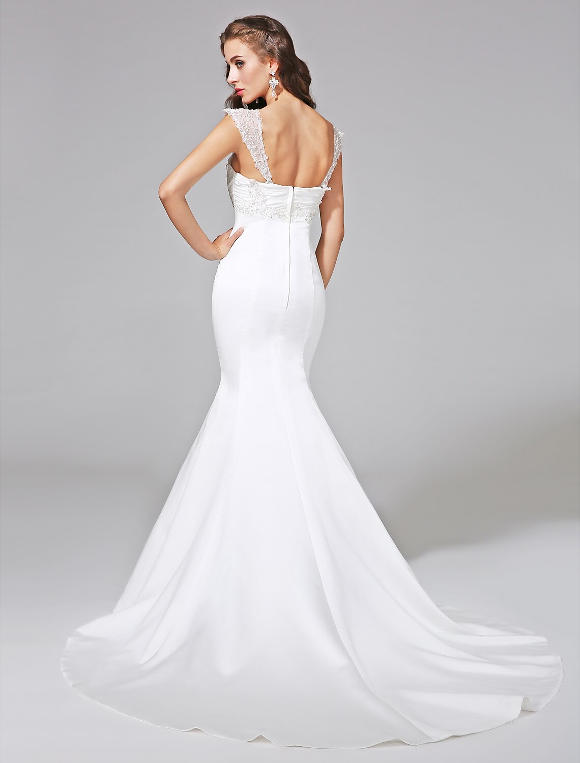Wedding Dresses Mermaid / Trumpet Sweetheart Cap Sleeve Court Train Satin Bridal Gowns With Beading Criss-Cross