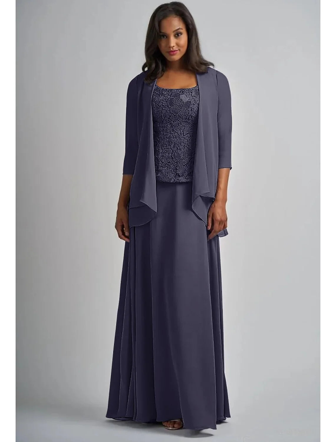 DingjiTwo Piece A-Line Mother of the Bride Dress Elegant Square Neck Floor Length Chiffon Lace 3/4 Length Sleeve Wrap Included with Appliques