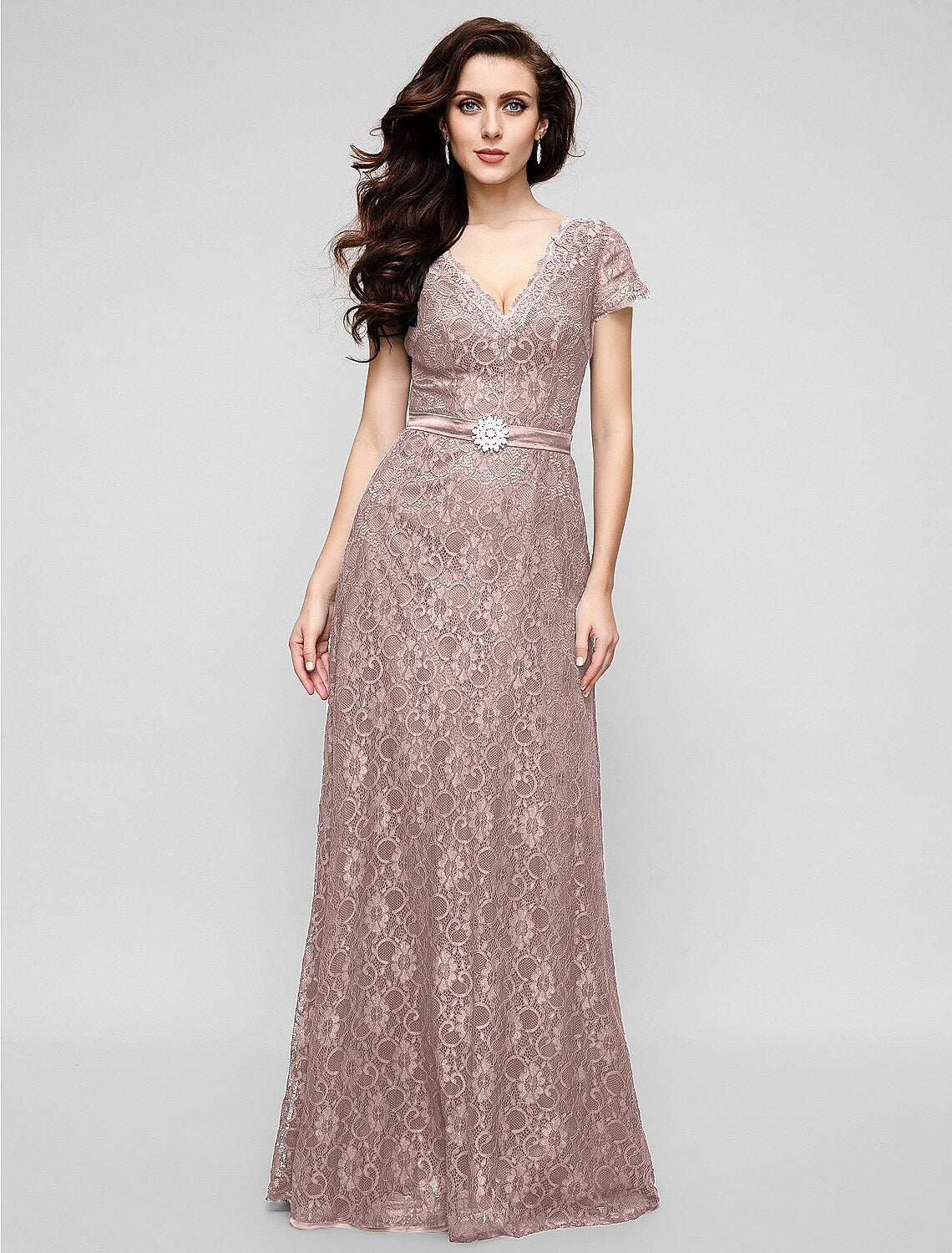 A-Line Elegant Dress Holiday Cocktail Party Floor Length Short Sleeve V Neck All Over Lace with Crystal Brooch