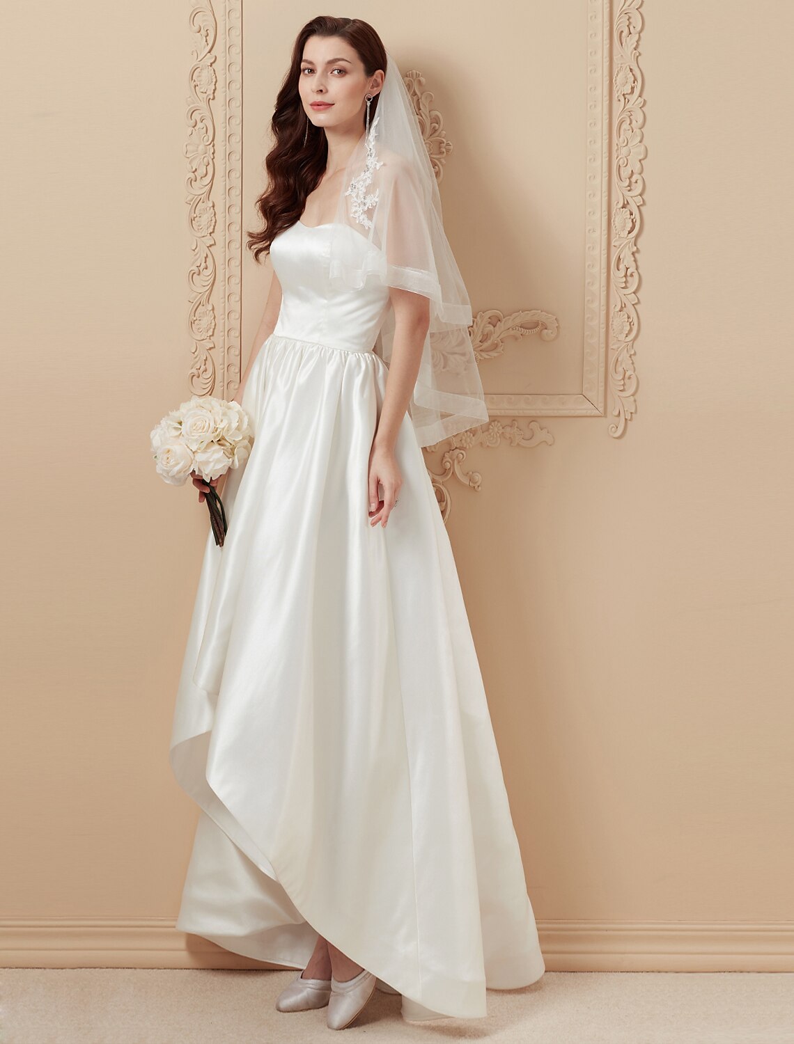 A-Line / Princess Strapless Asymmetrical Satin Made-To-Measure Wedding Dresses with Draping by / Open Back