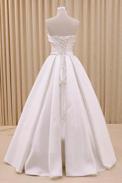 A-Line Corset Strapless Floor Length Wedding Dress with Delicate Bow Belt